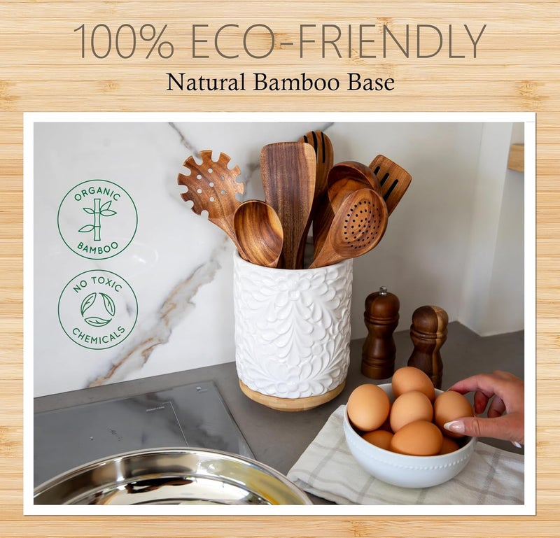 25DOL Extra Large 360° Rotating Utensil Holder for Kitchen Counter, 8.3” Cooking Utensil Holder for Countertop with Bamboo Base, White Ceramic Utensil Crock Canister for Cooking Utensils - Engraved Design - Image 4